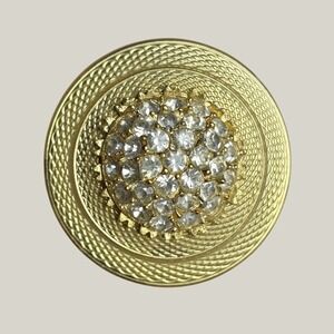 Vtg Celebrity NY Scarf Clip Brooch Gold Metal Rhinestone Pave Dome Textured Glam